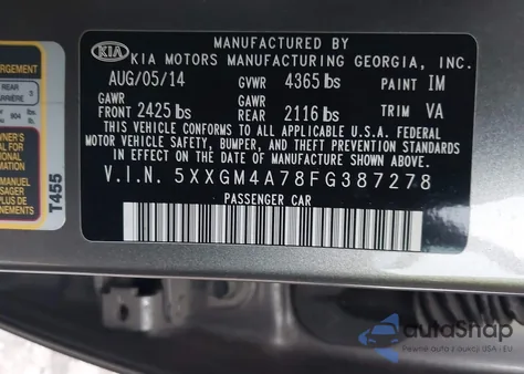 2015 Kia Optima Lx from USA, damaged, VIN 5XXGM4A78FG387278